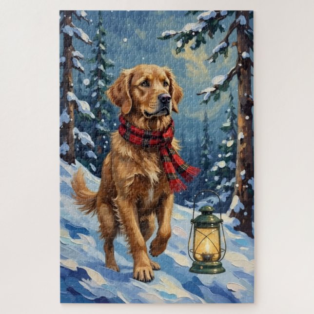 Puzzle Perro de Agua Retriever Luz Guiadora en Bosque Nev (Vertical)