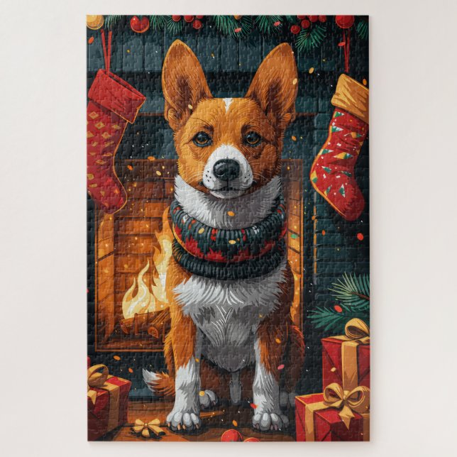 Puzzle Perro de Basenji con Navidades y chimenea (Vertical)