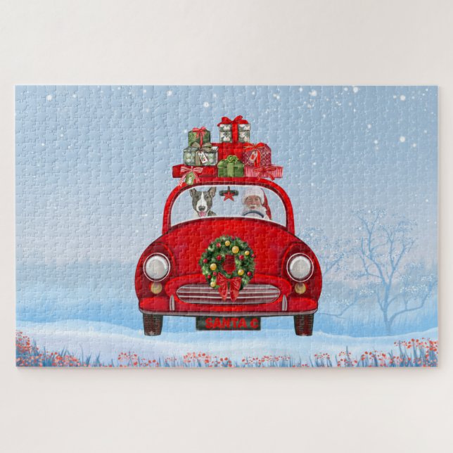 Puzzle Perro de Bull Terrier En Coche Con Santa Claus (Horizontal)