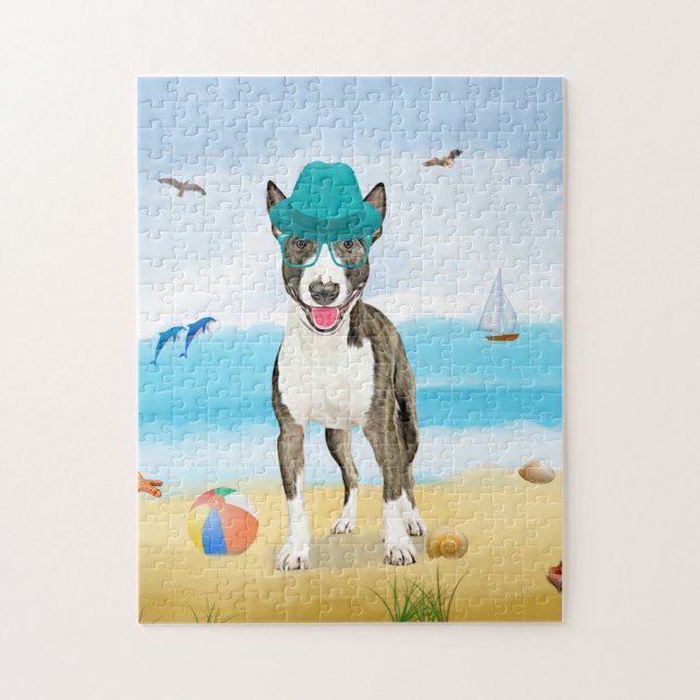 Puzzle Perro de Bull Terrier en la playa (Vertical)
