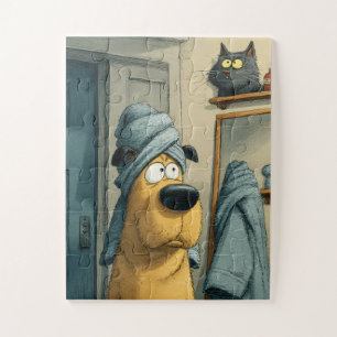 Puzzle Perro de cabeza de toalla y gato furtivo - Diverti