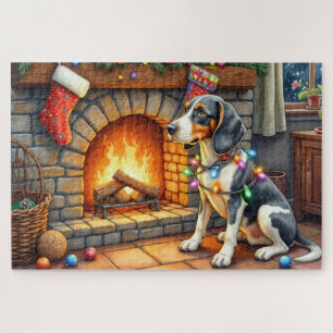Puzzle Perro de caza Bluetick junto a chimenea con luces