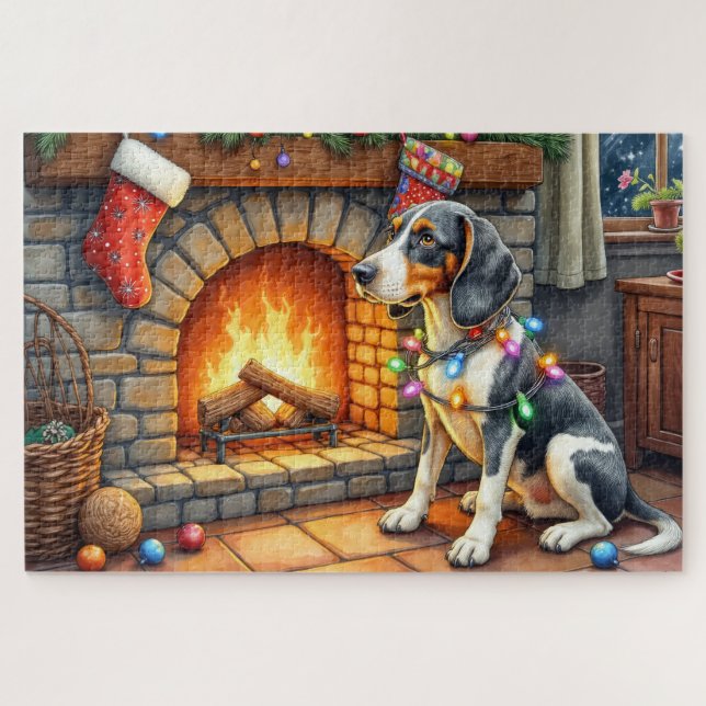 Puzzle Perro de caza Bluetick junto a chimenea con luces  (Horizontal)