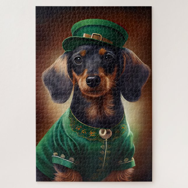 Puzzle Perro de Dachshund con vestido de San Patricio (Vertical)