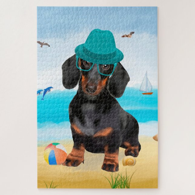 Puzzle Perro de Dachshund en la playa (Vertical)