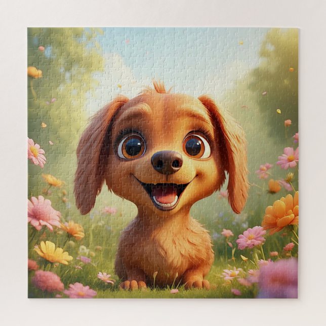 Puzzle Perro de dibujos animados alegre en un campo de fl (Vertical)