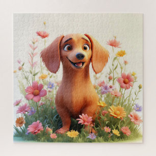 Puzzle Perro de dibujos animados alegre en un campo de fl