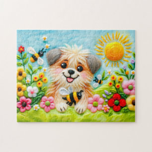 Puzzle Perro de fieltro en un jardín florecido con abejas