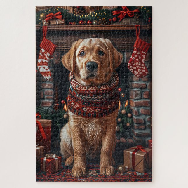 Puzzle Perro de Labrador con Navidades regalos chimenea (Vertical)