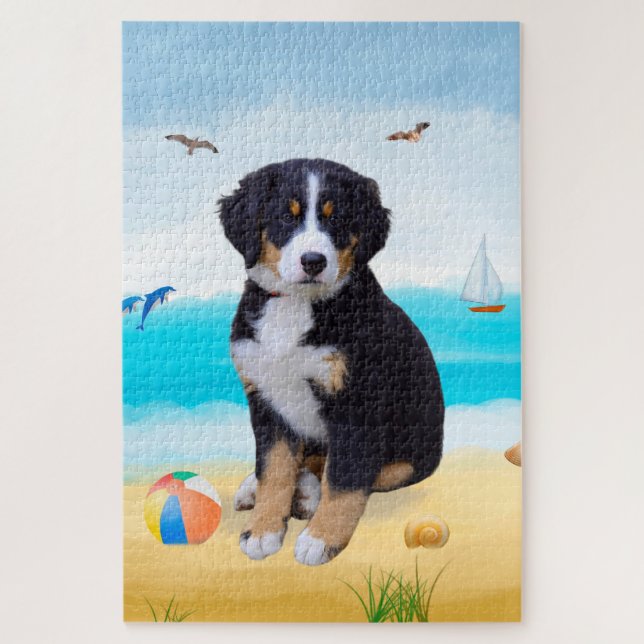 Puzzle Perro de montaña bernés en la playa (Vertical)