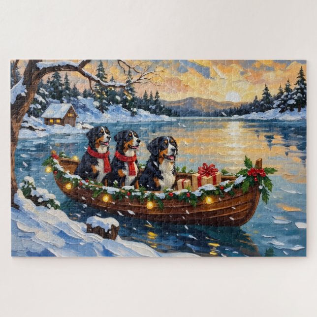 Puzzle Perro de montaña bernés Navidad Barco Fiesta (Horizontal)