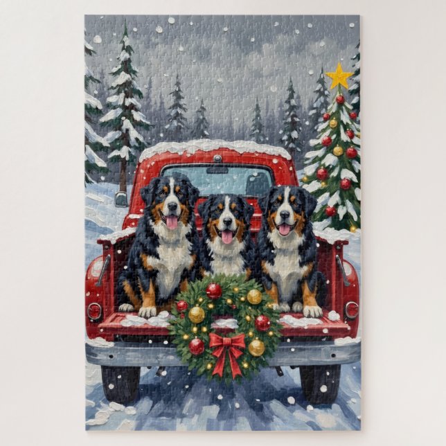 Puzzle Perro de montaña bernés Navidad Camión Rojo Fiesta (Vertical)