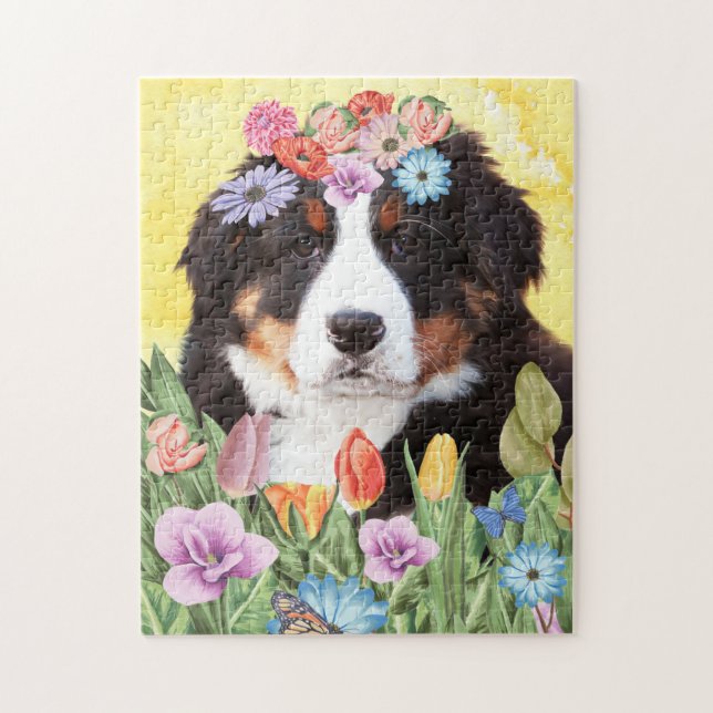 Puzzle Perro de montaña de Berna con primavera de flores (Vertical)