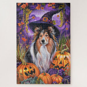 Puzzle Perro de pastor de las Shetland espeluznante bruja