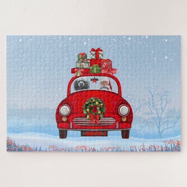 Puzzle Perro de perro caniche en auto con Santa Claus (Horizontal)