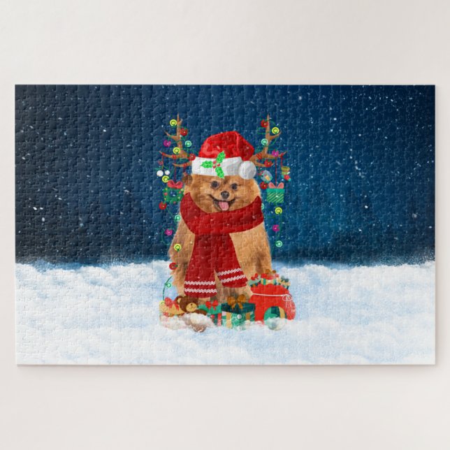 Puzzle Perro de Pomerania con regalos de Navidades (Horizontal)