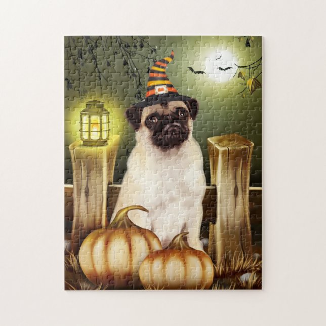 Puzzle Perro de pug con Gorra de brujas Halloween (Vertical)