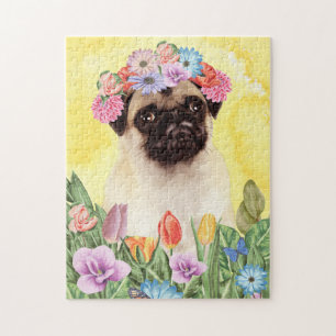 Puzzle Perro de pug con primavera de flores