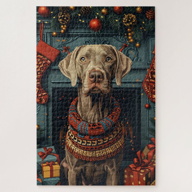 Puzzle Perro de Weimaraner Con Chimenea De Regalos Navida (Vertical)