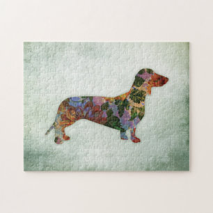 Puzzle Perro del Dachshund floral en verde