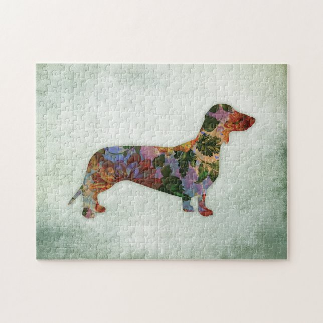 Puzzle Perro del Dachshund floral en verde (Horizontal)
