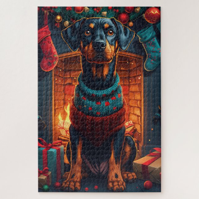 Puzzle Perro Doberman con regalos de Navidad chimenea (Vertical)