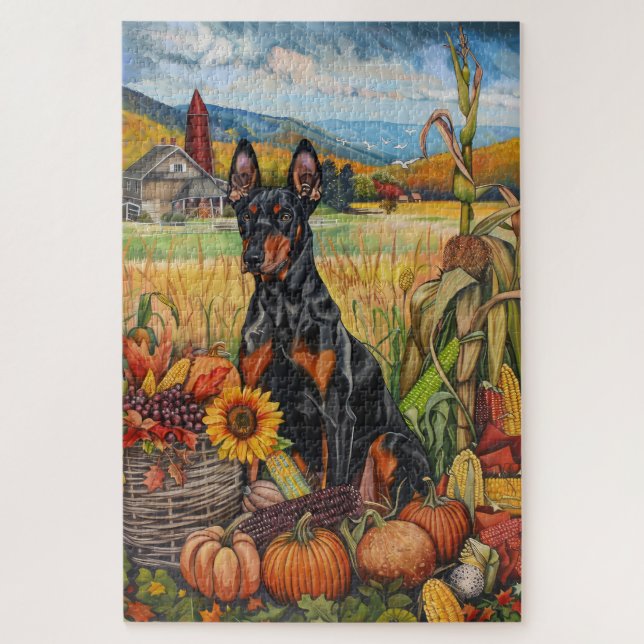Puzzle Perro Doberman Cosecha de Otoño Día de Acción de G (Vertical)