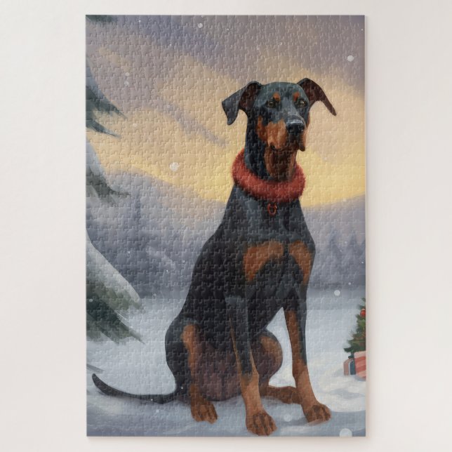 Puzzle Perro Doberman en Navidad con Nieve (Vertical)