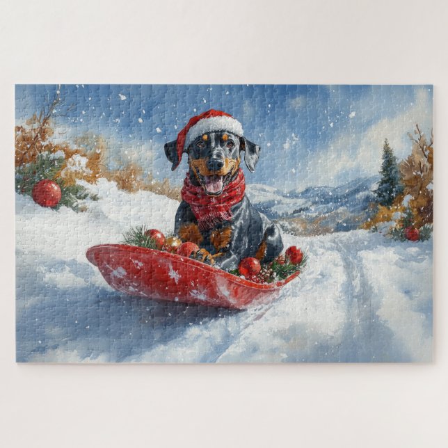 Puzzle Perro Doberman en Trineo Deja que Nieve Navidad (Horizontal)
