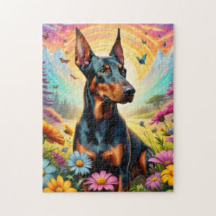 Puzzle Perro Doberman, flores y escena de montaña