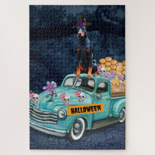 Puzzle Perro Doberman Halloween Camión Noche Espeluznante