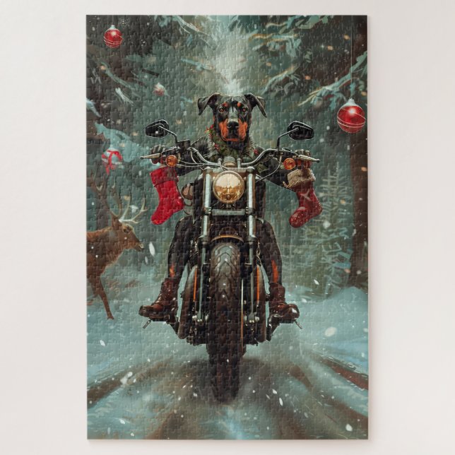 Puzzle Perro Doberman montando motocicleta Navidad (Vertical)