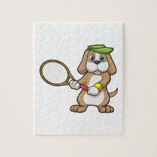Puzzle Perro en el tenis con raqueta de tenis y gorra