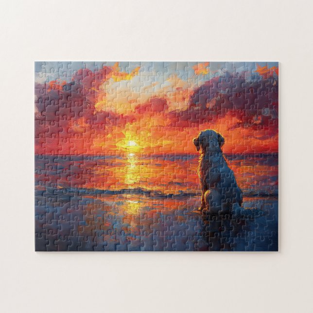 Puzzle Perro en la playa mirando la puesta de sol (Horizontal)