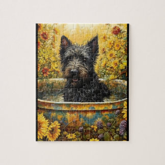 Puzzle Perro escocés en maceta de jardín entre el rompeca