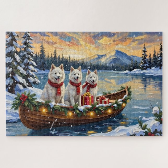 Puzzle Perro Eskimo Americano Blanco Navidad Barco Fiesta (Horizontal)