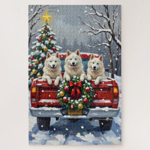 Puzzle Perro Esquimal Americano Camión Rojo Navidad Fiest