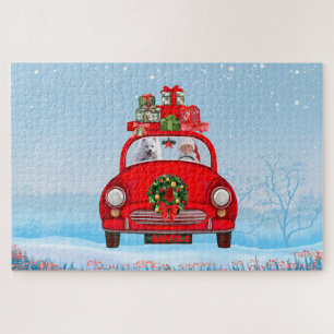 Puzzle Perro esquimal americano en auto con Santa Clause