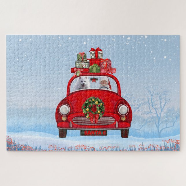 Puzzle Perro esquimal americano en auto con Santa Clause (Horizontal)