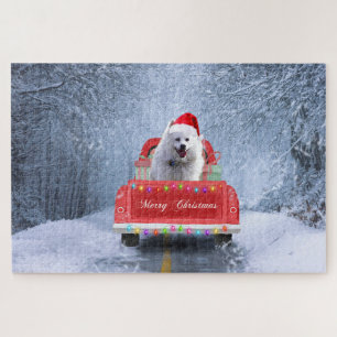 Puzzle Perro esquimal americano en nieve sentado en Navid