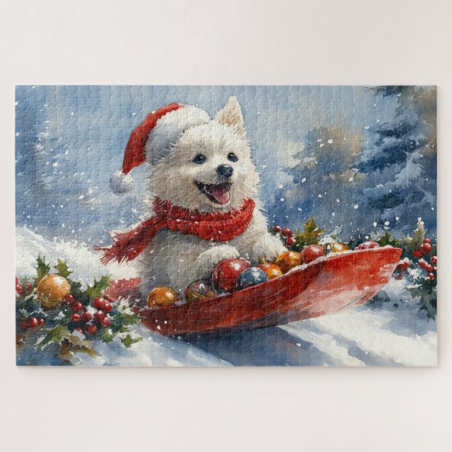 Puzzle Perro Esquimal Americano en Trineo Deja que Nieve  (Horizontal)