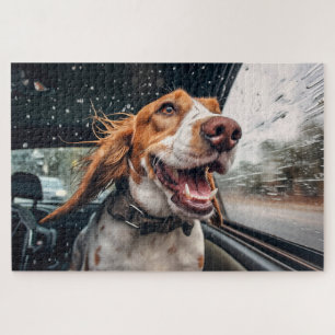 Puzzle Perro exaltado en la imagen de un coche lluvioso