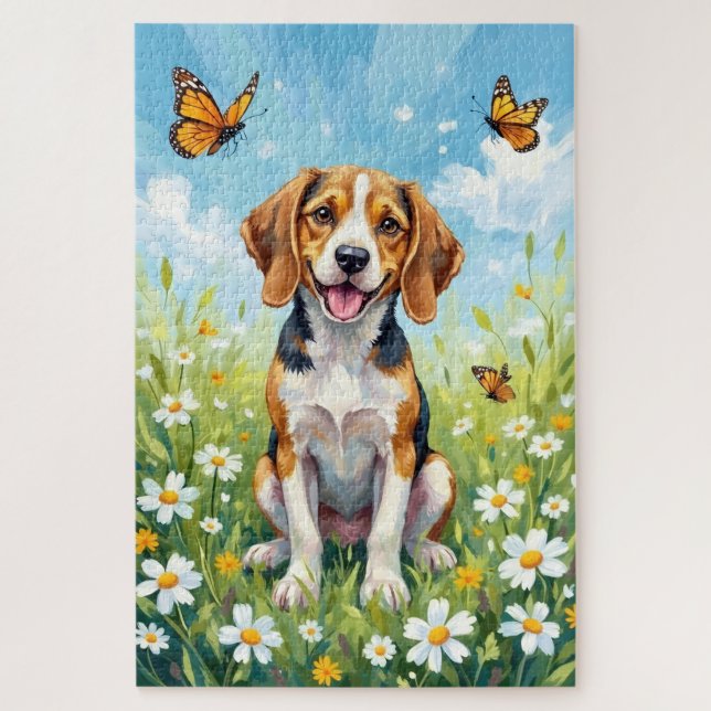 Puzzle Perro floral de pradera primaveral Beagle (Vertical)
