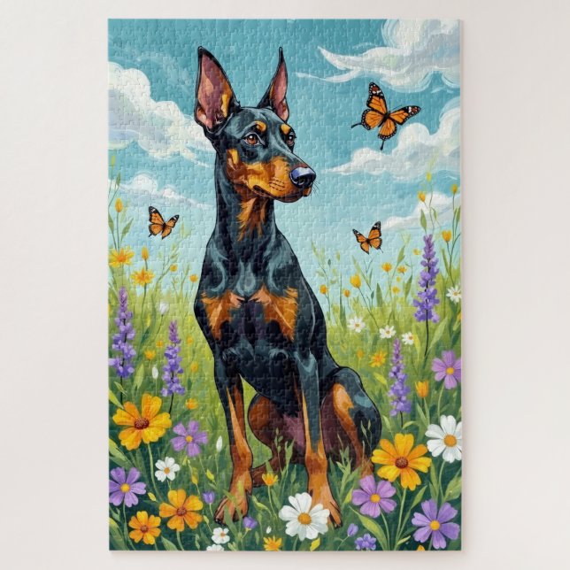 Puzzle Perro floral de primavera Doberman Pradera (Vertical)