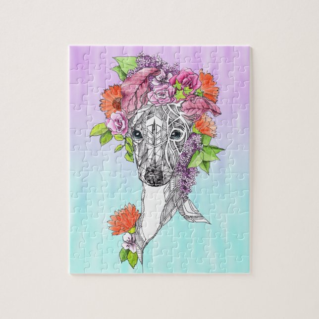 Puzzle Perro gallo italiano dibujando flores arte (Vertical)