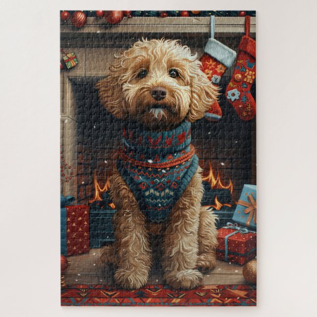 Puzzle Perro Goldendoodle Con Regalos Navidades Chimenea (Vertical)