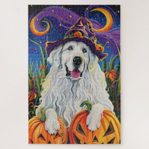 Puzzle Perro Gran Pirineo Espeluznante Bruja de Halloween