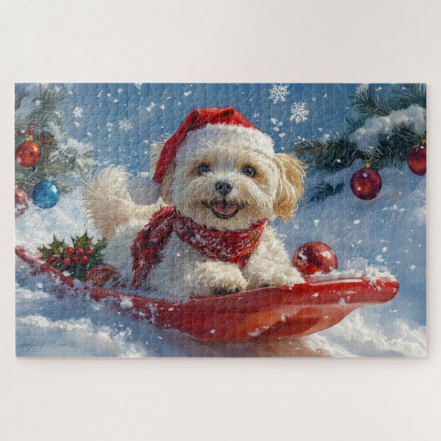 Puzzle Perro Havanés en Trineo Deja que Nieve Navidad (Horizontal)