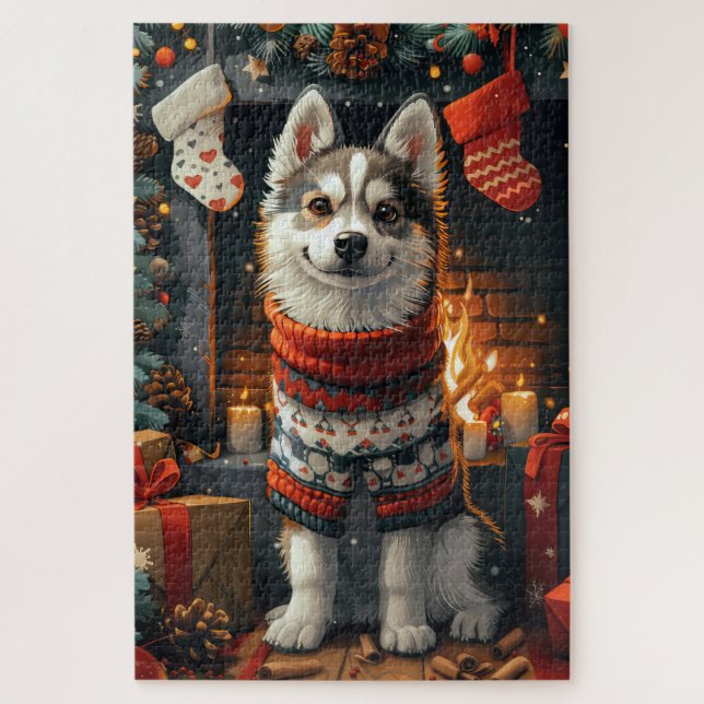 Puzzle Perro Husky Siberiano Con Chimenea De Regalos Navi (Vertical)