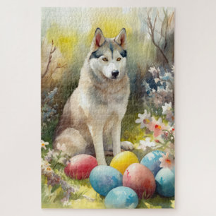 Puzzle Perro Husky Siberiano con festividad de huevos de